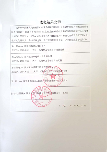 成都市雙流區(qū)人民政府怡心街道辦事處清河社區(qū)2組農(nóng)戶(hù)房屋拆除及建渣清運(yùn)服務(wù)項(xiàng)目結(jié)果公示